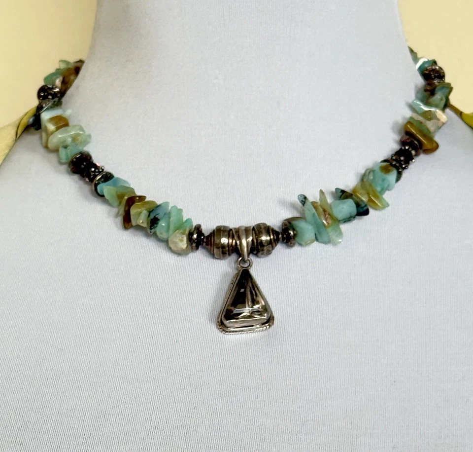 "Collar de piedra verde plata de ley grande colgante de piedras preciosas 17"" 50 gr" Foto 3 de 4