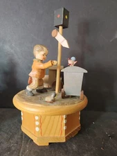 Thorens Anri Swiss Wood Carved Rotating Travel Boy Music Box Rare Vintage