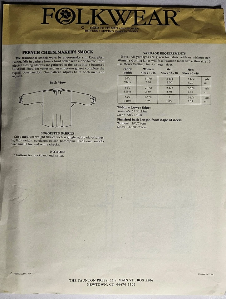Folkwear French Cheese makers Smock 102 Men/Women VINTAGE 1982 Unused-F3  - Image 2 of 4