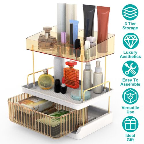 Luxury 3-Tier Bathroom Makeup Organizer w/ Drawer Countertop Skincare Organizer - Picture 5 of 22
