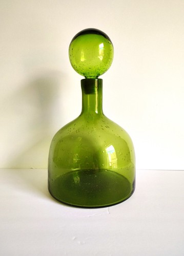 Vintage MCM Green Glass Decanter Bottle Hand Blown Bubbles Bubble Stopper 11.5"