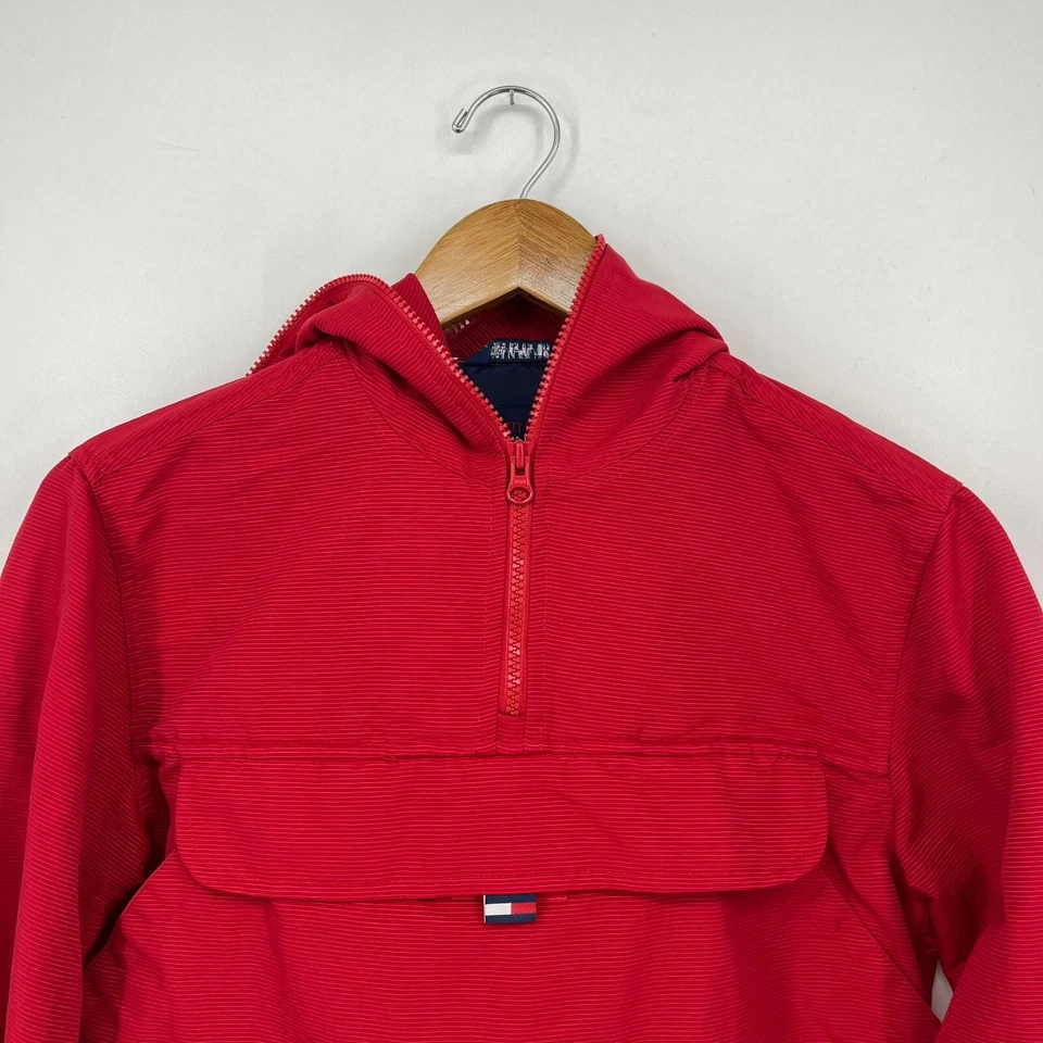 Tommy Jeans Windbreaker Jacket Girls Size S Red Pullover 1/4 Zip Hooded Vtg Y2K - Image 2 of 4
