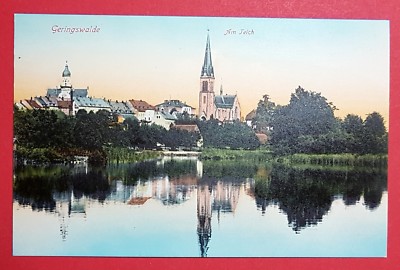 AK GERINGSWALDE in Sa. um 1910 Am Teich mit Kirche  ( 28266