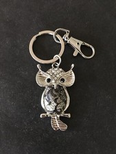 Keychain OWL Key Ring Silver Tone Metal Fob Faux Gems Clip On Vintage Style