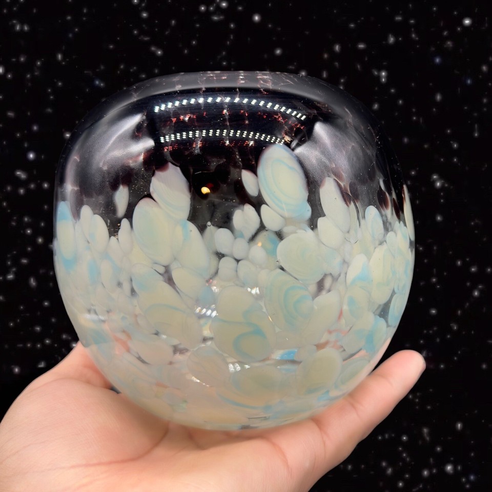 Round Art Glass Vase Bowl With Speckled White Black Blue Spots 5”T 3”W