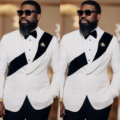 Black White Men Suits Wedding Groom Shawl Lapel Formal Party Tuxedos Men  Blazers