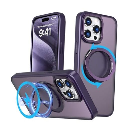 iPhone 15 Pro Max Case,360°Ring Stand Magnetic, Anti-Fingerprint, Purple