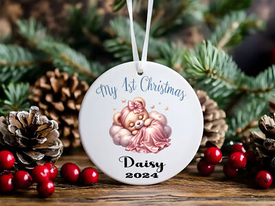 My First Christmas Sleeping Pink Teddybär Baumschmuck Acryl Buable Geschenkanhänger