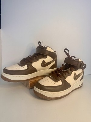 Nike Air Force 1 Mid Top Sneaker Plaid Swoosh Brown/White Lace Up Hook & Loop