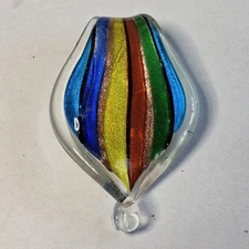 Vintage Murano Style Art Glass Pendant MultiColor Striped Teardrop Italian Style