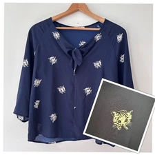 Le Lis Sheer Blue Cat Print Blouse Size Medium