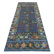 3'10"x9'7" Blue Hand Knotted Afghan Ersari Hutchlu Design Wool Runner Rug 22525