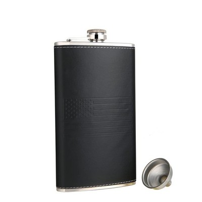 American Flag 12 oz Black Pocket Whiskey Liquor Leather Wrapped Hip Flask wit...