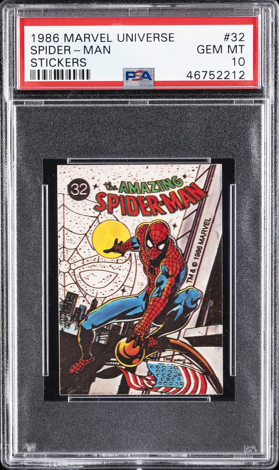 1986 COMIC IMAGES MARVEL UNIVERSE STICKERS #32 SPIDER-MAN PSA 10