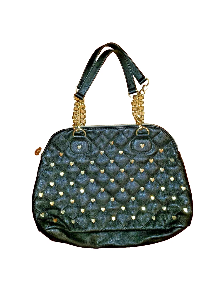 BETSEY JOHNSON Faux Leather quilted Hearts Black Purse Handbag - Image 2 of 4