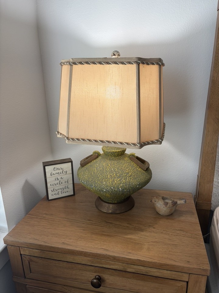 Vintage Brutalist Lava Glaze Table Lamp Mustard Yellow Green MCM 1960s