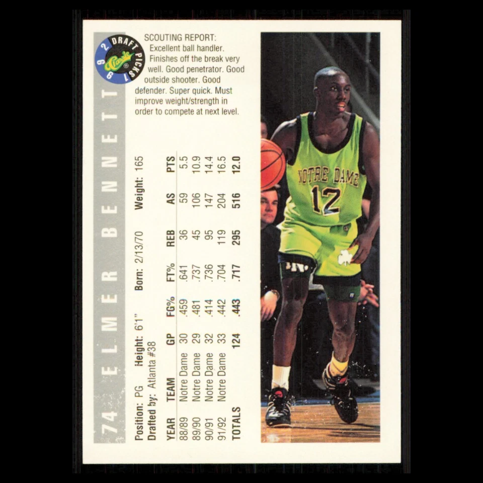 Elmer Bennett #74 1992 Classic Draft Notre Dame Fighting Irish Basketball Card - Image 2 of 3