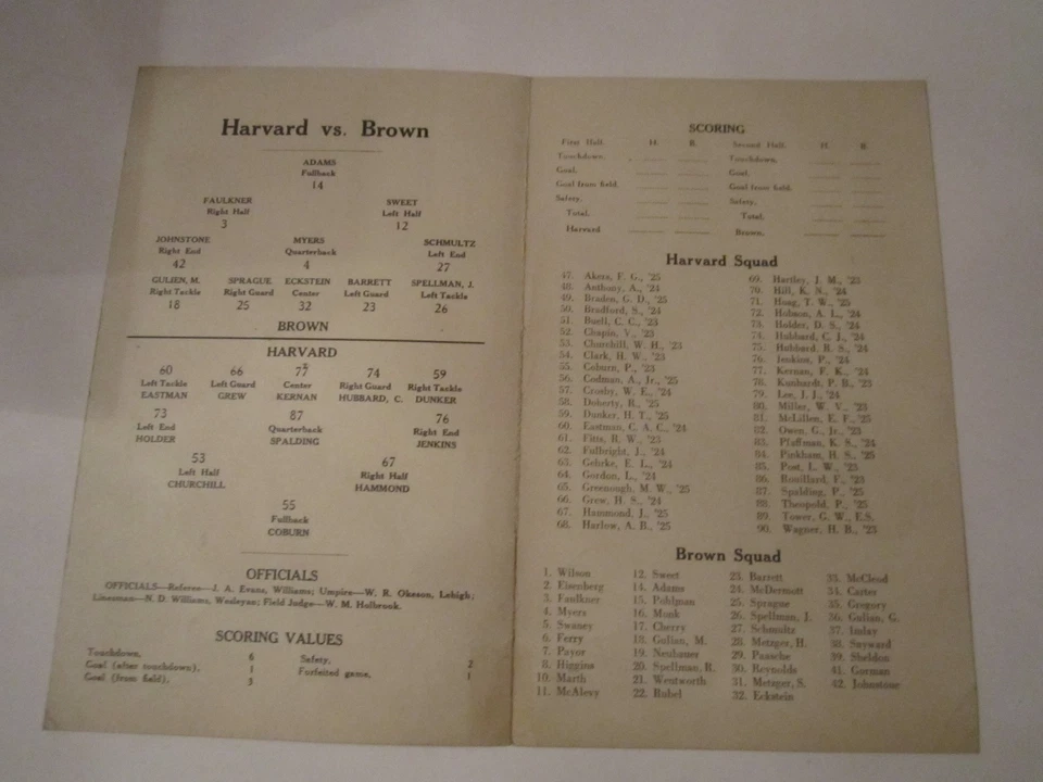 1922 HARVARD VS BROWN COLLEGE FOOTBALL OFFICIAL PROGRAM SCORE CARD - TUB A - Image 2 of 3