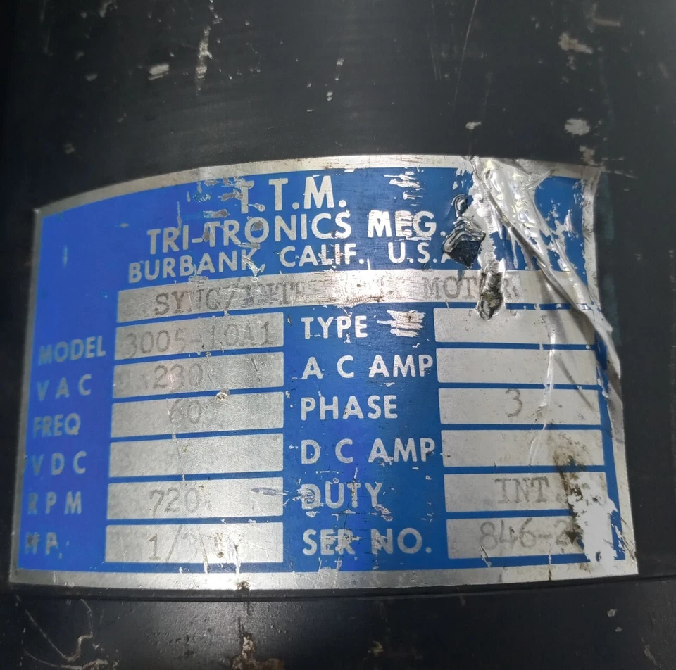 TTM Tri-Tronics MFG Sync Interlock Motor 3005-10A1, 230VAC, 3 Phase, 1/3 HP - Image 3 of 4