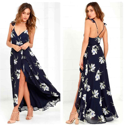 LULUS Wrap Dress S All Mine Navy Blue Floral High Low Small Long Formal Wedding