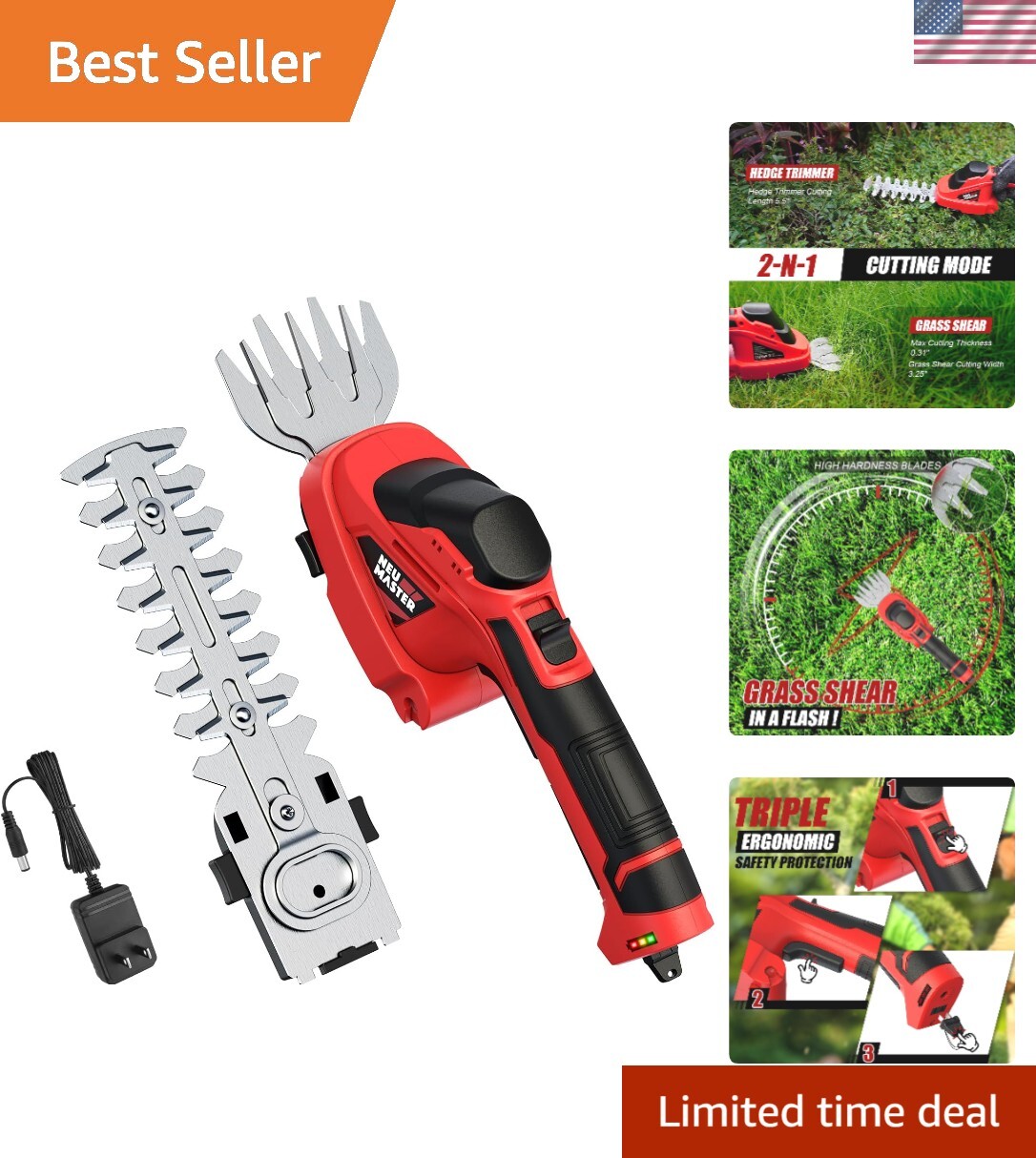 2-in-1 Cordless Electric Grass Shears & Hedge Trimmer Rechargeable Lawn Tool