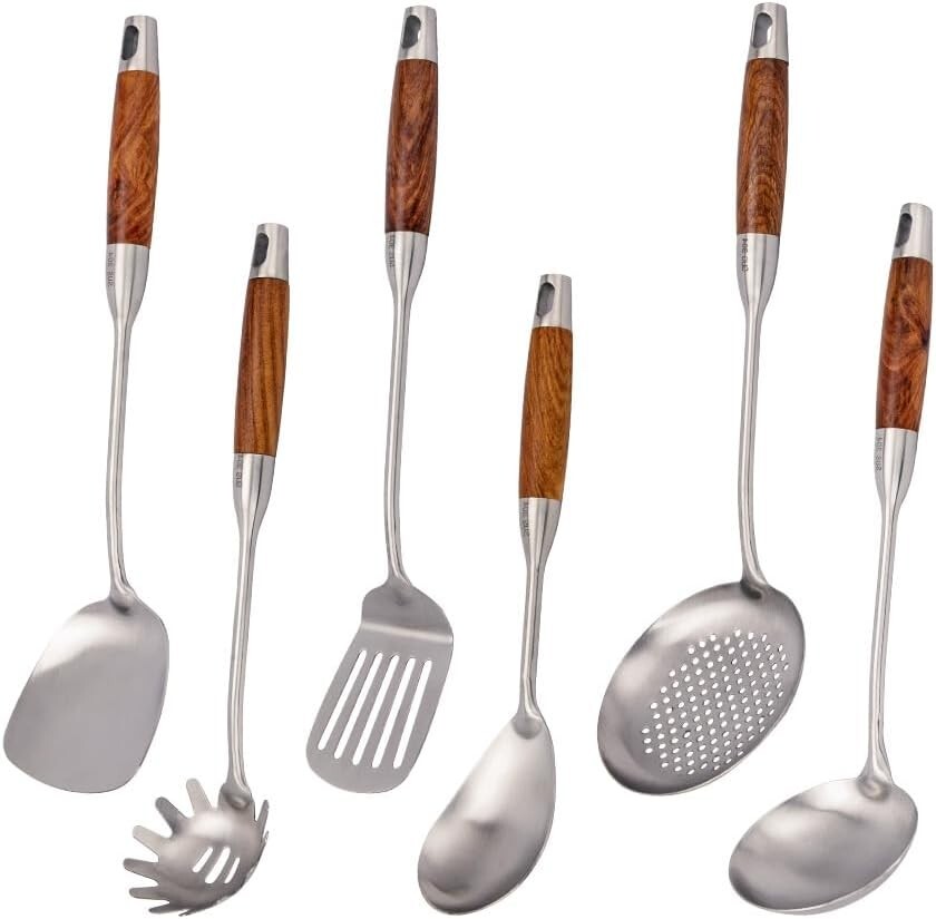 304 Stainless Steel Kitchen Utensils Set with Wood Handle, 6 PCS Metal Cookin...