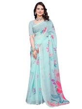 Women's Cotton Linen Ethnic Motif Printed Saree With Unstitched Blouse Piece