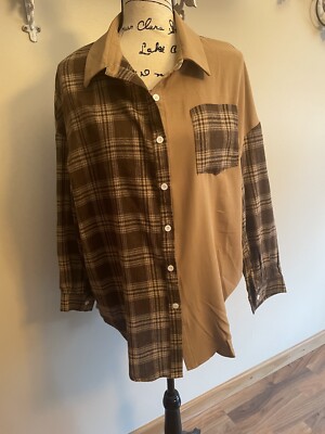 Women s SHIEN Color block Plaid Button Up Shirt Size Medium Brown Blouse