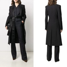 Satin Collar Black Women Long Jacket 1 Pcs Formal Business Dress Coat With Belt