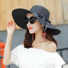 Big Brim Womens Beach Hat Summer Sun Hat Floppy Foldable Bowknot Black Straw Hat