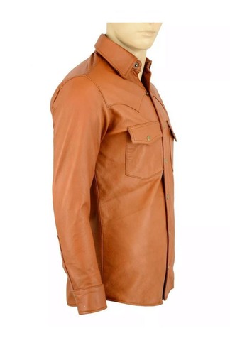 Men's Soft Brown Leather Slim Fit Full Sleeve Button up Shirt - Picture 4 of 4