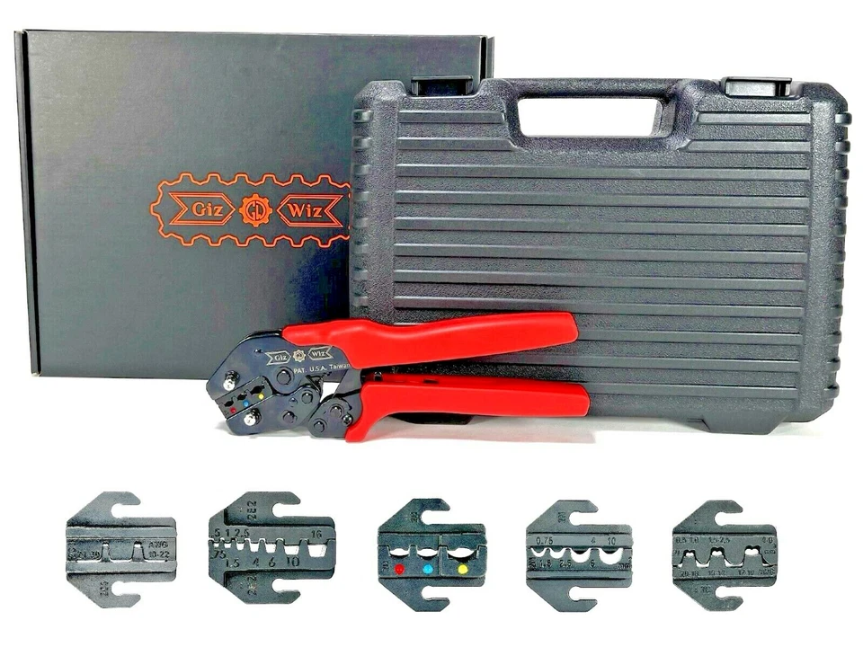 GIZWIZ Quick Change Ratchet Crimp Tool Kit Wire Terminals 5 Dies Ring Pin D-Sub