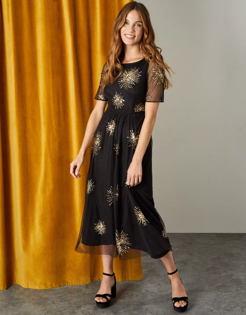 Monsoon Artisan Edie Starburst Embellished Dress Black UK Size 8 EU 36