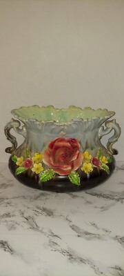 Antique VTG Art Nouveau Barbotine Majolica  Floral Planter Vase 11'' Wx 8''H
