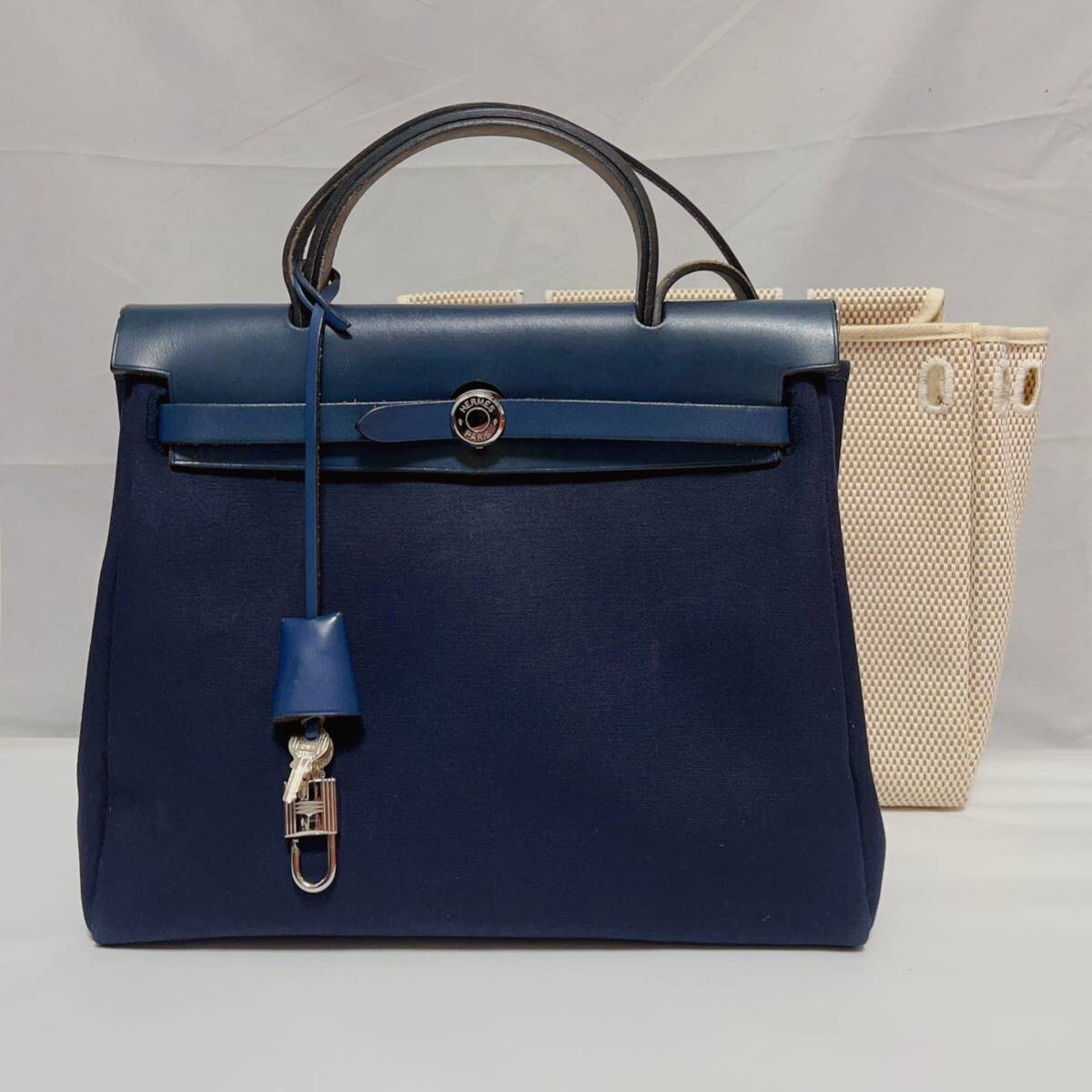 HERMES Yale Bag PM Shoulder Bag Beige Navy Toile Offiche Leather 