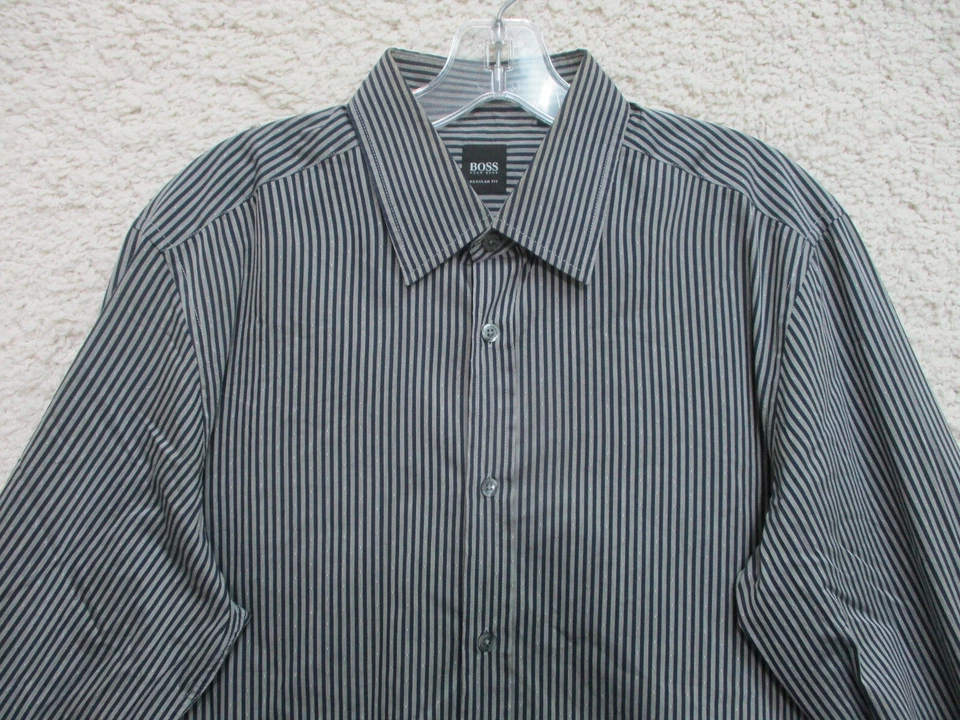 Camisa Hugo Boss Abotonada Mediana Adulto Gris Oscuro Rayas Calce Regular Algodón Para Hombres Foto 2 de 4