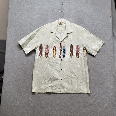 White Fashion Men Button Up Shirt XL Light Green Floral Surfboards Hawaiian