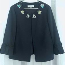 Tahari Arthur S Levine Navy Blue Embellished Floral Open Front Jacket Petite 12P