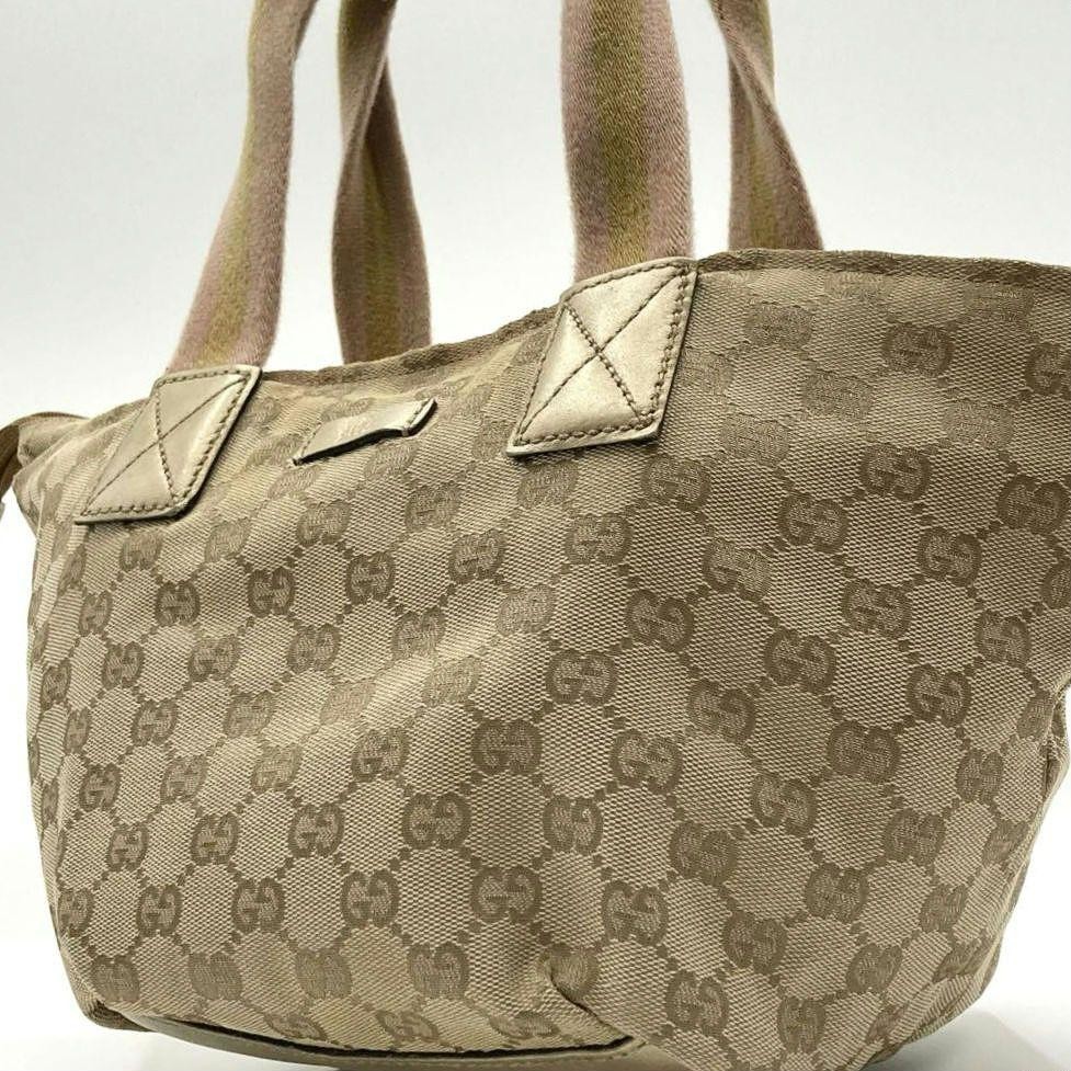 Gucci Sherry Canvas Tote Bag Leather Gold Beige 15.6in Used