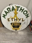 Vintage Marathon Ethyl Gasoline Sign 30” Tin Runing Man Oil Advertising Original