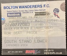 2003 Bolton Wanderers V Manchester United Football Match Stub