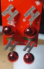 Long Christmas Balls And Rinestone Dangling Earrings, HO HO HO stud 4"