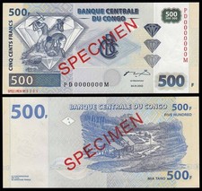 Congo Democratic Republic 500 Francs, 2002, P-96s, UNC, Specimen