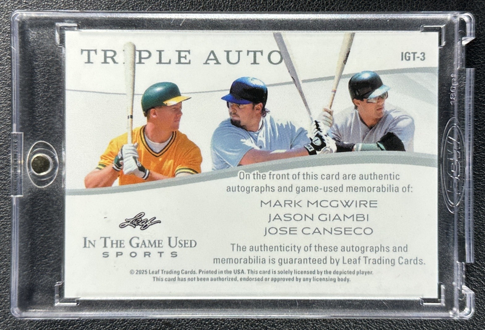 MCGWIRE GIAMBI CANSECO 2025 LEAF IN THE GAME USED TRIPLE GU JERSEY AUTO GREEN /2 view 2