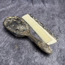 Vintage Ornate Hairbrush  Comb Set Silver Plated Vanity Set
