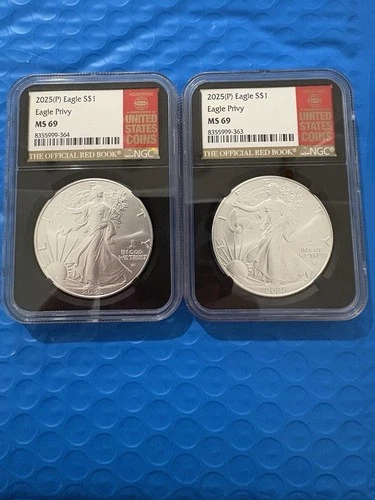 (Lot of 2) - 2025(P) American Silver Eagle -NGC MS69 Eagle Privy Red Book Label