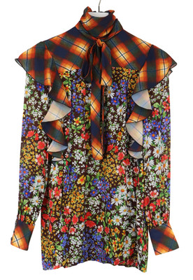 DSQUARED2 Blouse Women's (EU) 38 Vintage Inspired Floral Plaid Ruffled Bow Tie
