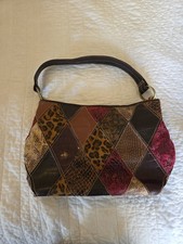 Bueno Patchwork Animal Print Shoulder Bag Brown Faux Croc Leopard Snake Tote
