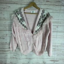 Vintage Margules Coquette floral fringe baby pink cardigan Sweater 80  s Sz M