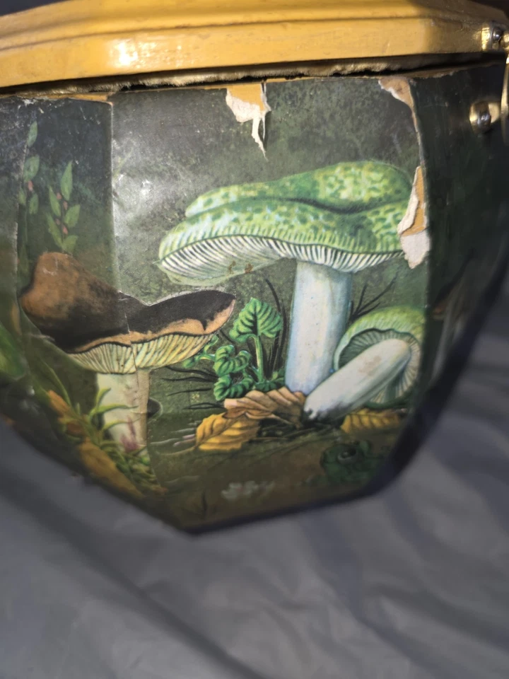 Vintage Wooden Purse Decoupage Octagon Lucite Handle Mushrooms Botanical - Image 3 of 4